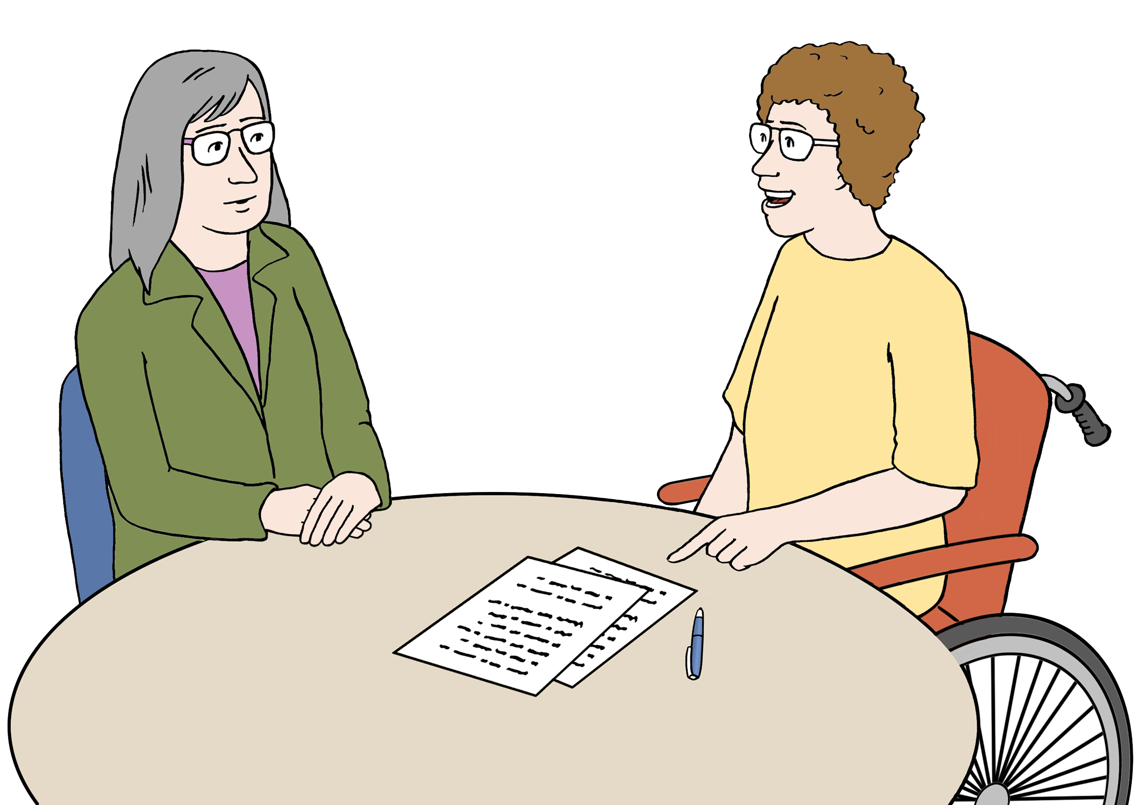 Zwei Personen am Tisch. Die eine Person erklärt der anderen etwas.