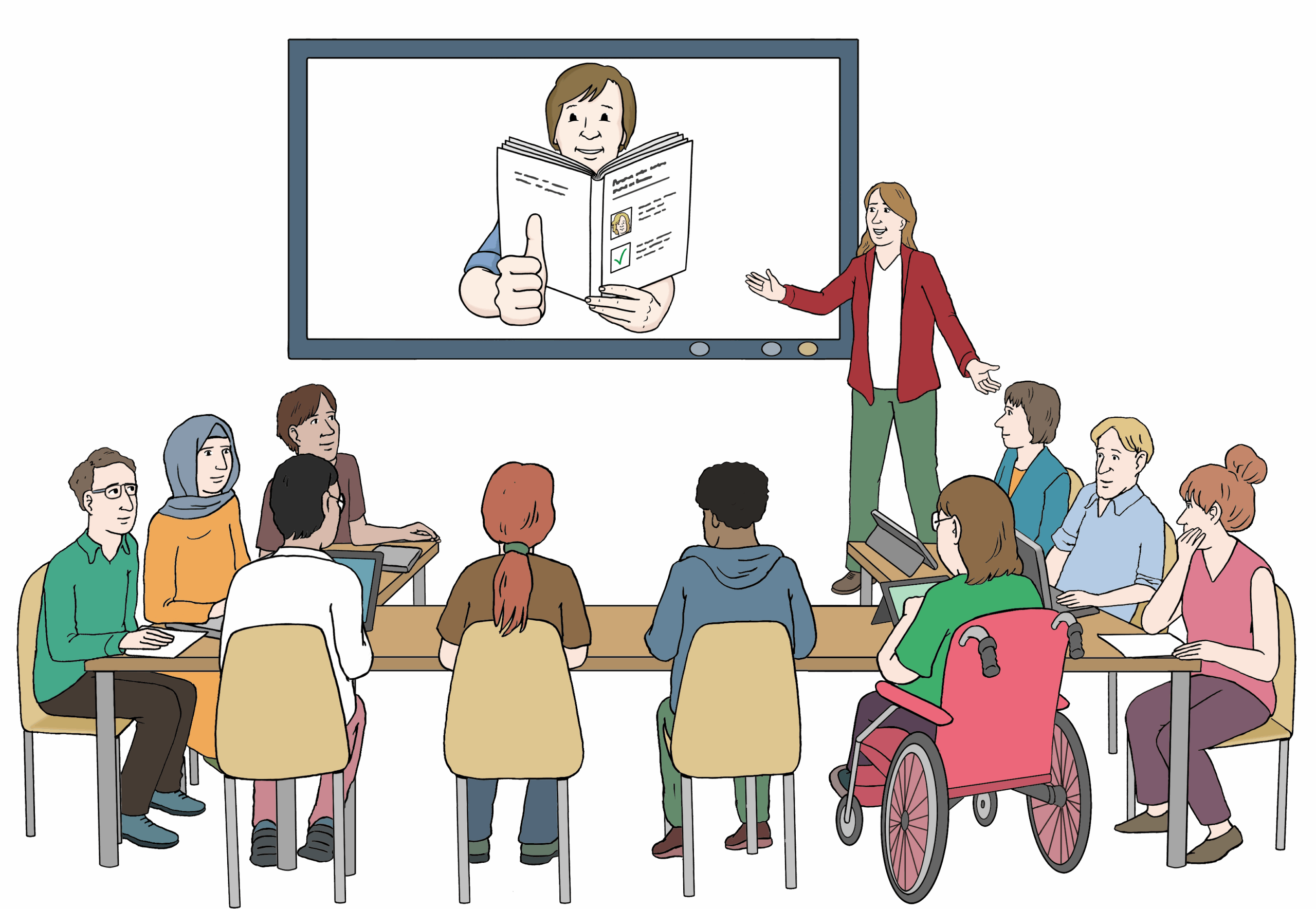 Mehrere Personen in an Tischen. Vor ihnen steht eine Lehrerin an der Tafel.