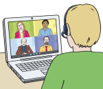 Eine Person sitzt vor einem Laptop für eine Videokonferenz. Auf dem Bildschirm sieht man noch andere Personen.