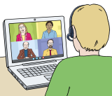 Eine Person sitzt vor einem Laptop für eine Videokonferenz. Auf dem Bildschirm sieht man noch andere Personen.